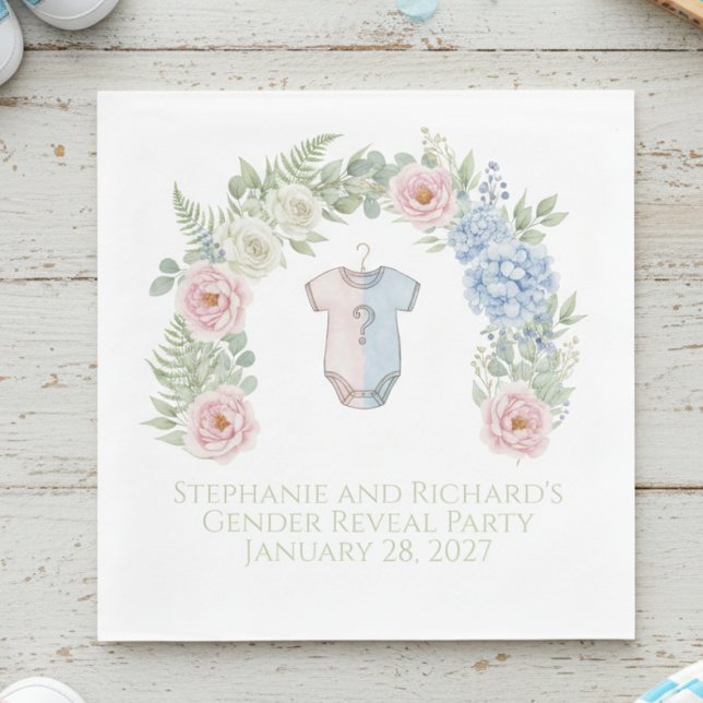 He or She? Botanical Gender Reveal Napkin Serviette (Gender reveal party napkin)
