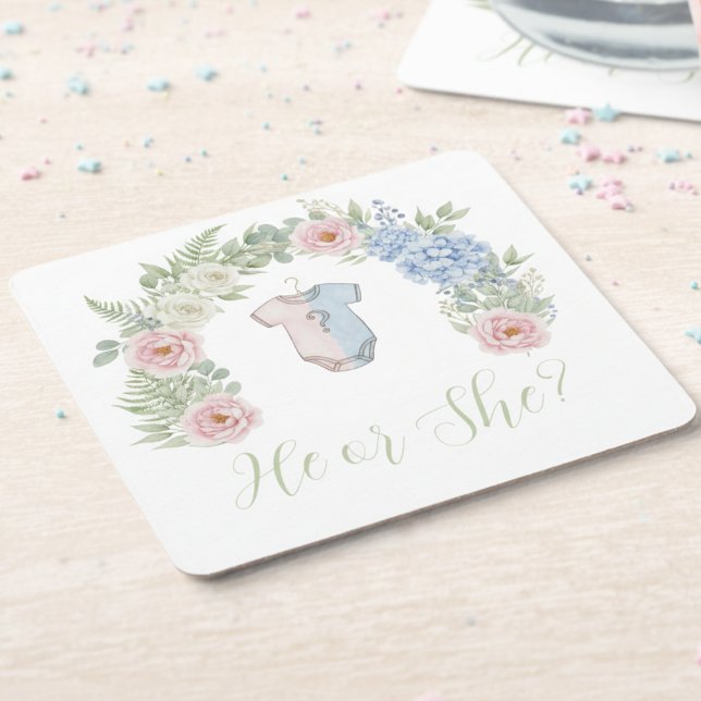 He or She? Botanical Gender Reveal Rechteckiger Pappuntersetzer (Gender reveal party drink coaster)