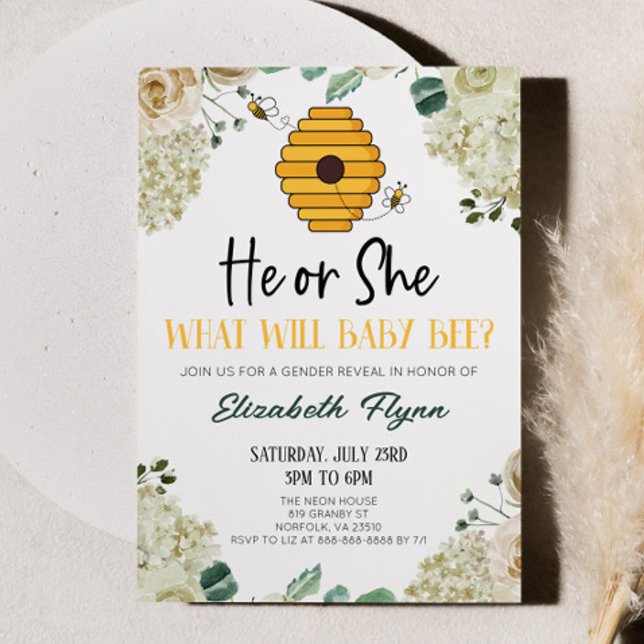 He or She Bumble Bee Floral Flowers Gender Reveal Einladung (Von Creator hochgeladen)