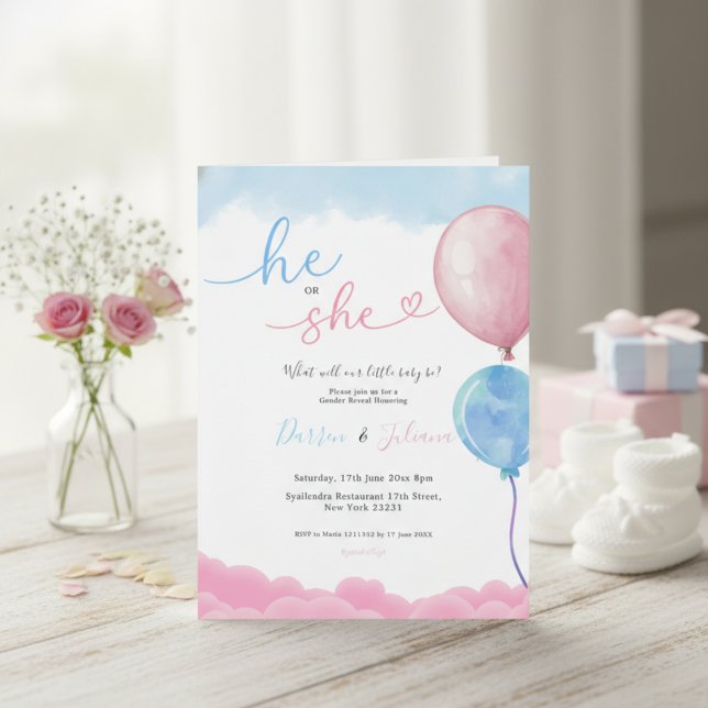 He or She Cute Pink & Blue Balloons Gender Reveal Einladung (Von Creator hochgeladen)