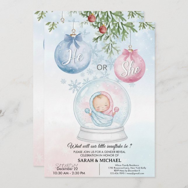 He or She? Festive Christmas Gender Reveal Party  Einladung (Vorne/Hinten)