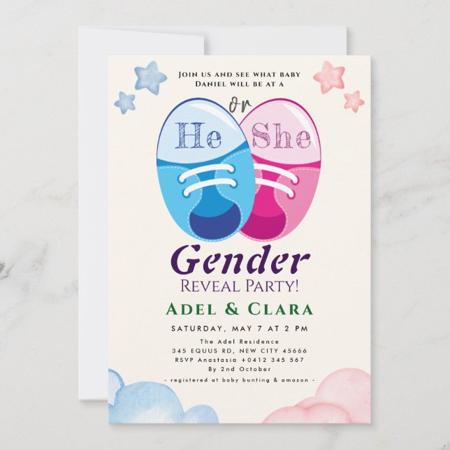 He or She Gender Reveal Invitation Einladung (Vorderseite)