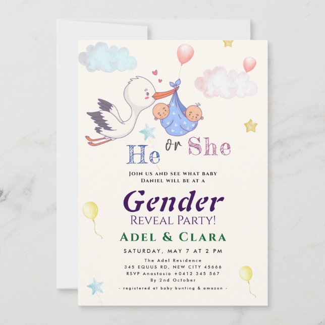 He or She Gender Reveal Invitation Einladung (Vorderseite)