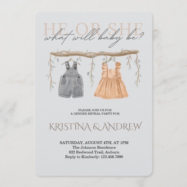 He or She Gender Reveal Party Einladung (Vorderseite)