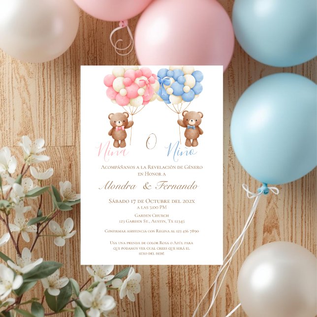 He or She Teddy Bear with Balloons Gender Reveal I Einladung (Von Creator hochgeladen)