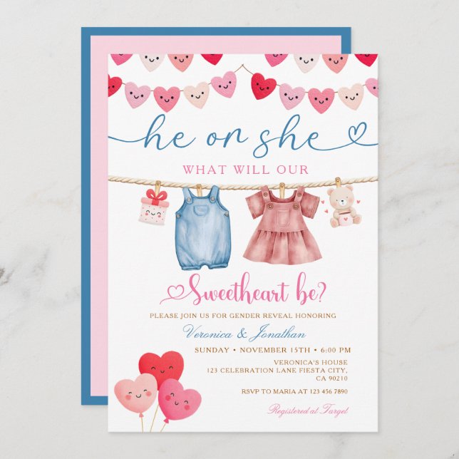 He or She Valentine Gender Reveal Clothesline  Einladung (Vorne/Hinten)