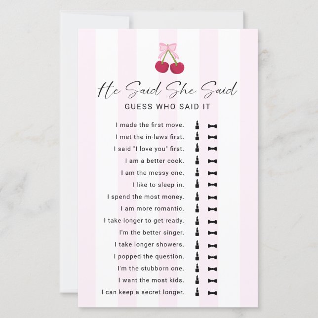 He Said She Said Bridal Shower Game Coquette (Vorderseite)