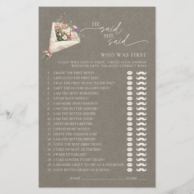 He Said She Said Chic Floral Bridal Shower Game (Vorderseite)
