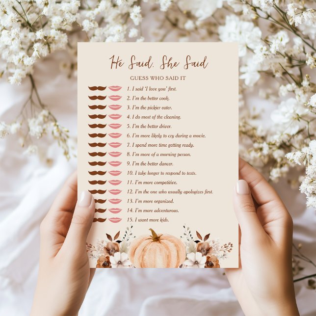 He Said She Said Fall Bridal Shower Game Card Einladung (Von Creator hochgeladen)