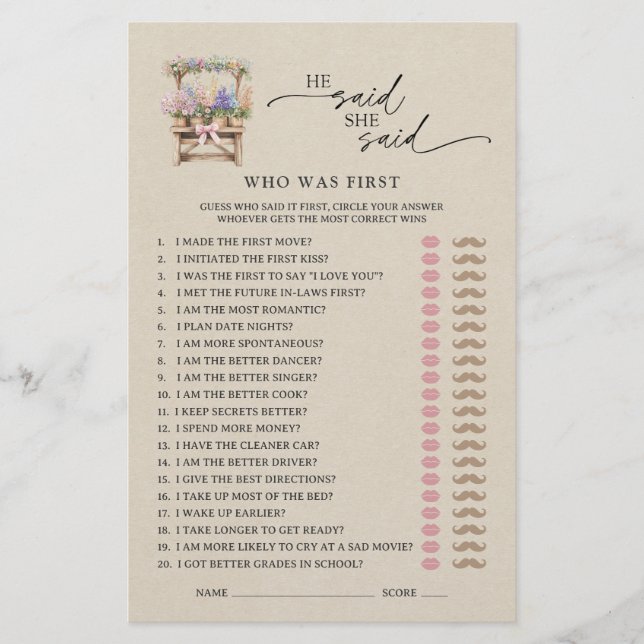 He Said She Said Farmers Market Bridal Shower Game (Vorderseite)