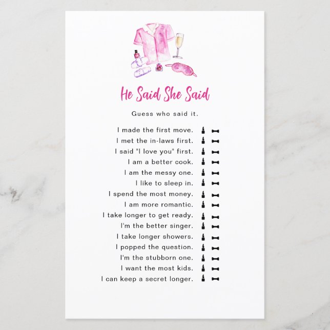 He Said She Said game Pajamas & Prosecco Bridal (Vorderseite)