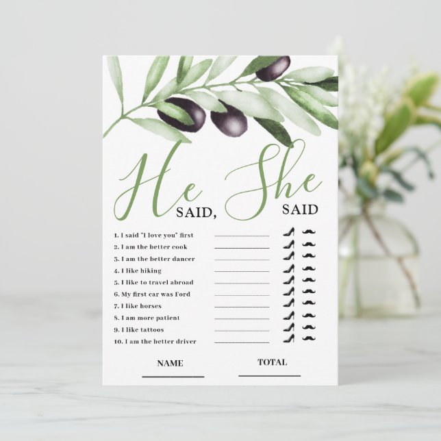 He said She Said Olive Branch Bridal Shower Card Einladung (Stehend Vorderseite)