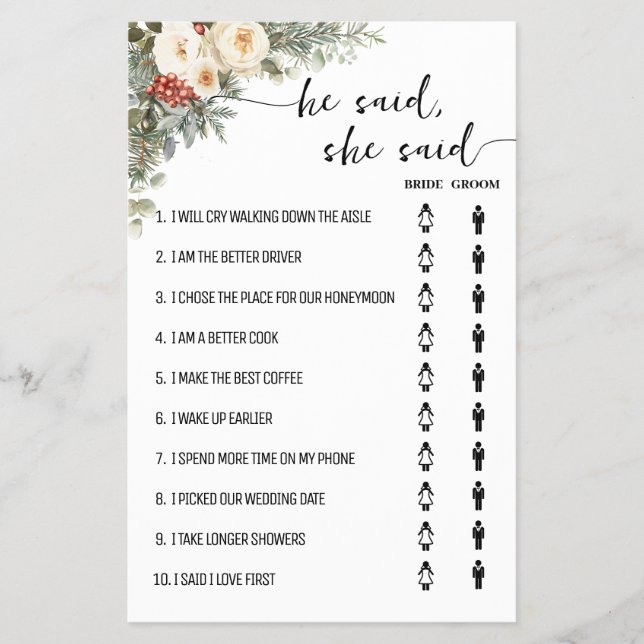 He Said She Said Winter Bridal Shower Game Card Flyer (Vorne)