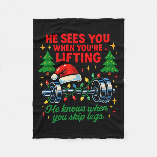 He Sees You Lifting Funny Skip Legs Christmas Tee  Fleecedecke (Vorderseite)