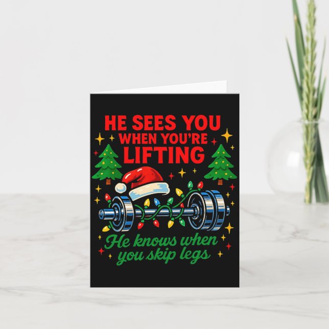 He Sees You Lifting Funny Skip Legs Christmas Tee  Karte (Vorderseite)