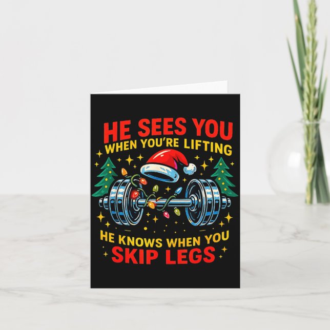 He Sees You Lifting Funny Skip Legs Christmas Tee  Karte (Vorderseite)