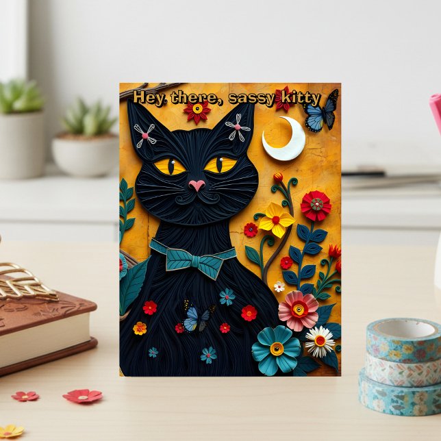 He There Black Cat Folk Art Postcard Postkarte (Send this postcard to your sassy friend. Unique design for stationery enthusiasts and cat lovers)