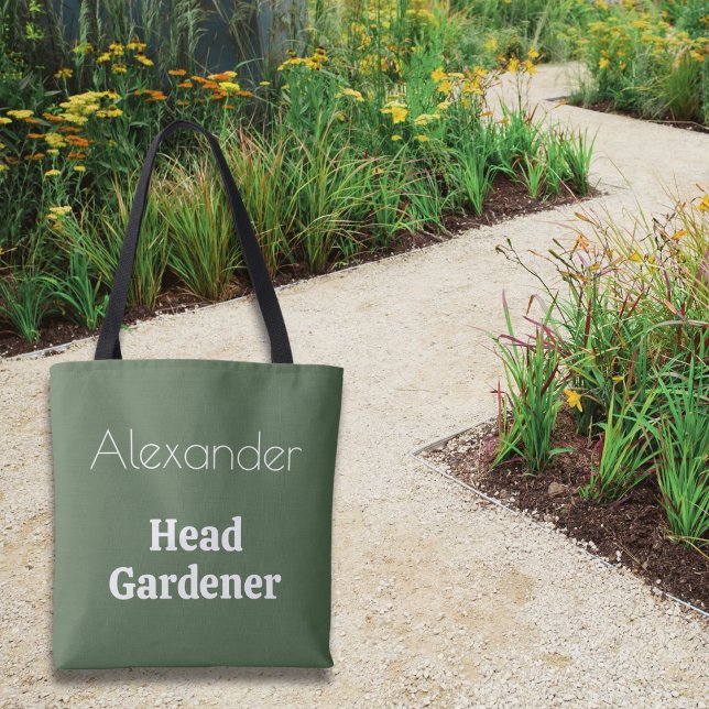 Head Gardener Green Garening Thema Personalisiert (A green bag with Head Gardener caption, personalized with a name of your choice.)