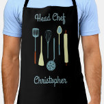 Head Koch Personalisierte Schürze<br><div class="desc">Fun Head Koch Design mit Küchenutensilien für Ihren Lieblings-Koch,  Koch oder Grill Experte. Ändern Sie den Namen,  um ihn zu personalisieren.</div>