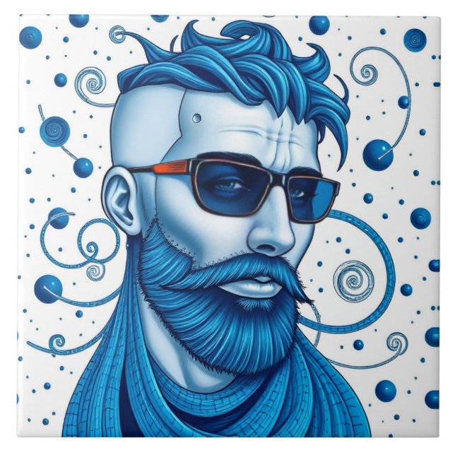 Head Of Bearded Blue Alien With Glasses Sci-Fi Art Fliese (Vorderseite)