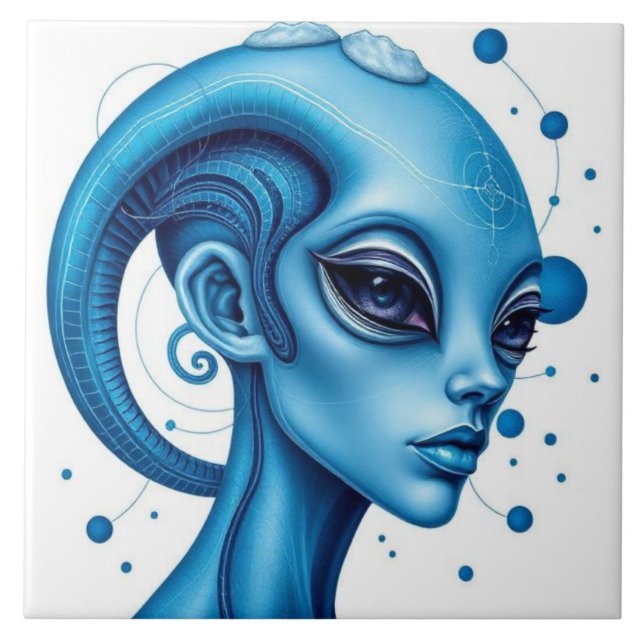 Head Of Blue Alien Closeup Sci-Fi Art Fliese (Vorderseite)