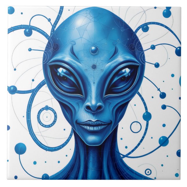 Head Of Blue Alien Closeup Sci-Fi Art Fliese (Vorderseite)