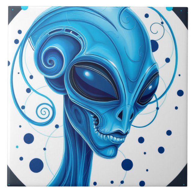 Head Of Blue Alien Closeup Sci-Fi Art Fliese (Vorderseite)