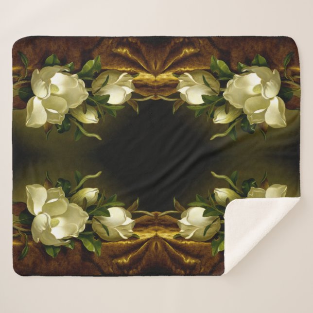 Heade Magnolia Blume Gold Velvet Sherpa Blanka Sherpadecke (Vorderseite (Horizontal))
