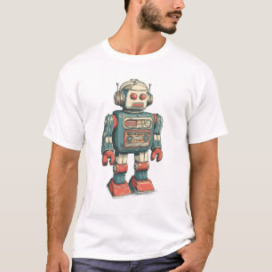 Headphoned Tin Robot — Vintage Cassette-Brust Mech T-Shirt