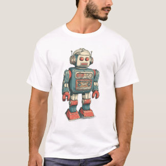 Headphoned Tin Robot — Vintage Cassette-Brust Mech T-Shirt
