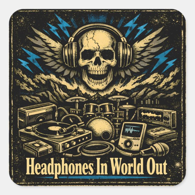 Headphones In World Out – Music Escape Zone Quadratischer Aufkleber (Vorderseite)