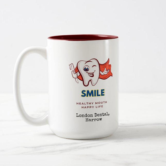 Healthy Mouth, Happy Life Dentist Oral hygiene Zweifarbige Tasse (Links)