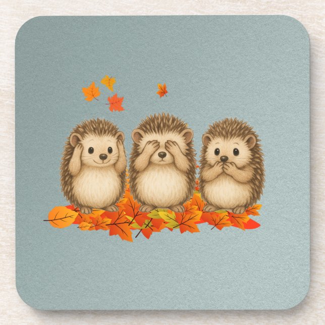 hear, see and speak no evil Hedgehogs leafs Getränkeuntersetzer (Vorderseite)
