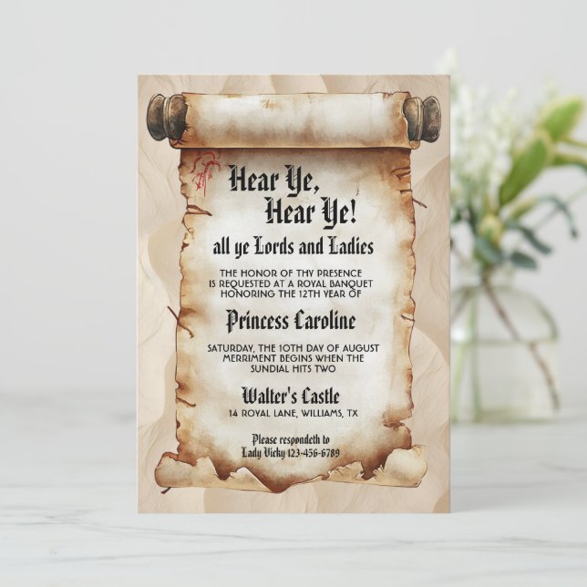 Hear Ye, Hear Ye! Medieval Royal Birthday Einladung (Stehend Vorderseite)