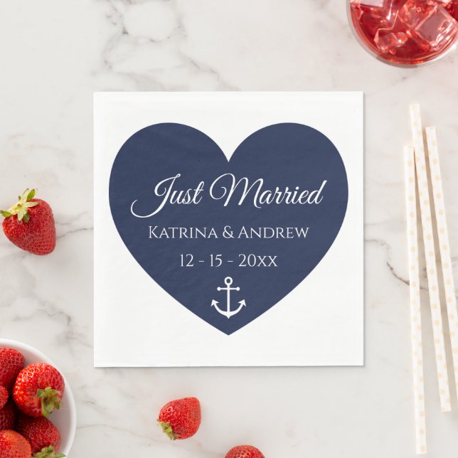 Heart Anchor Navy Nautical Just Married Wedding Na Serviette (Beispiel)