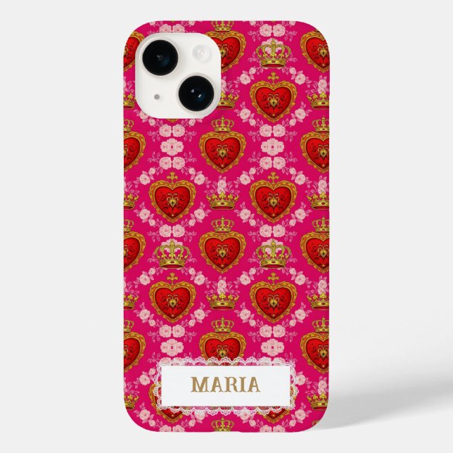 Heart and Crown Fuchsia Pink Maximalist Custom Case-Mate iPhone Hülle (Rückseite)