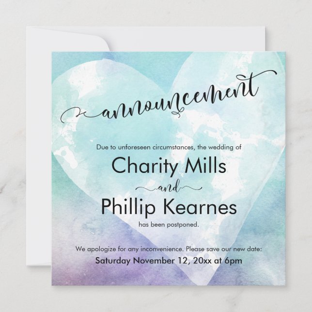 Heart Aqua Lila Zurückgestellt Hochzeitsankündigun (Vorderseite)