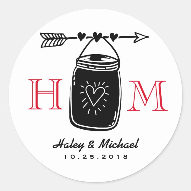 Heart Arrow Mason Jar Monogram Wedding Sticker (Vorderseite)