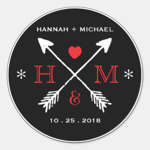 Heart Arrow Monogram-Hochzeitsticker für rustikale Runder Aufkleber