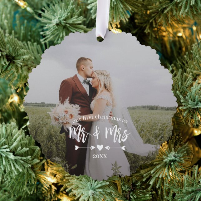 Heart Arrows First Christmas Mr. Mrs. Foto Ornament Karte (Insitu (Baum))