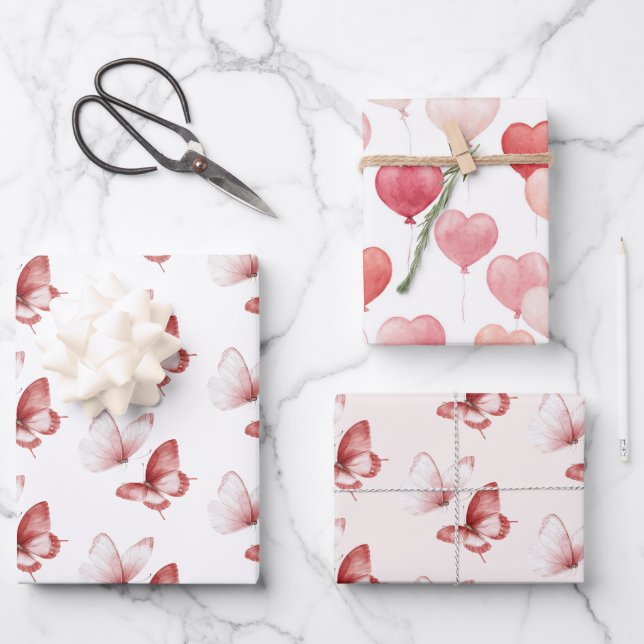 Heart Balloons Pink Red Butterflies Birthday Geschenkpapier Set (Vorderseite)