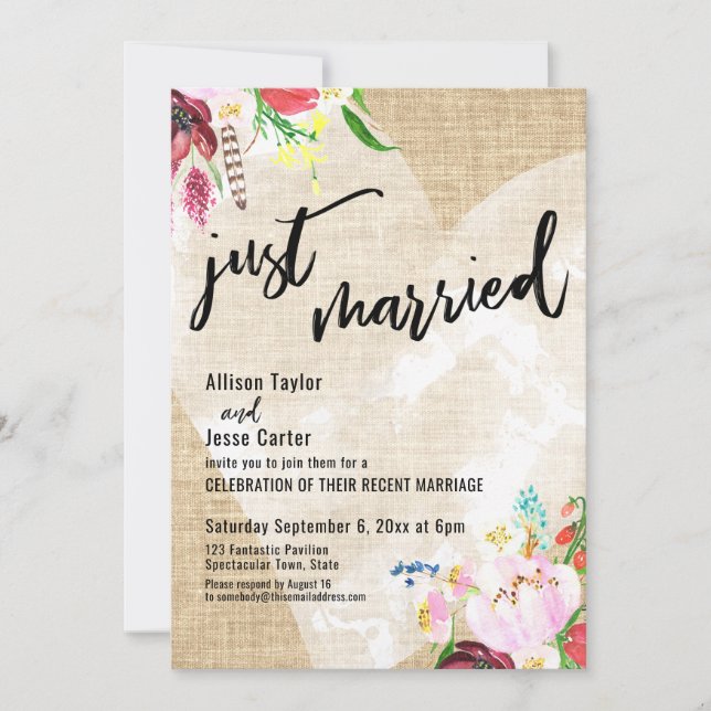 Heart Boho Blume Burlap Just Married Empfang Einladung (Vorderseite)