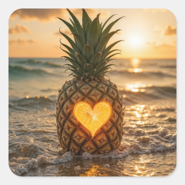 Heart Carved Into a Pineapple On a Beach Quadratischer Aufkleber (Vorderseite)