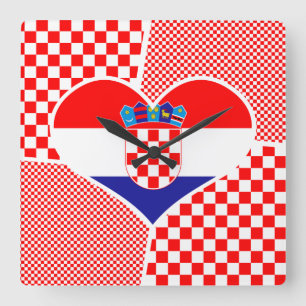 Heart Collage Croatian Flag With Checkers Quadratische Wanduhr