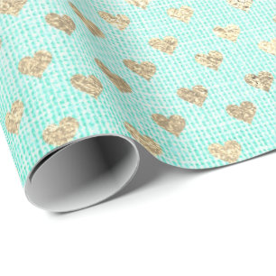 Heart Confetti Metallic Tiffany Aqua Gold Linen Geschenkpapier