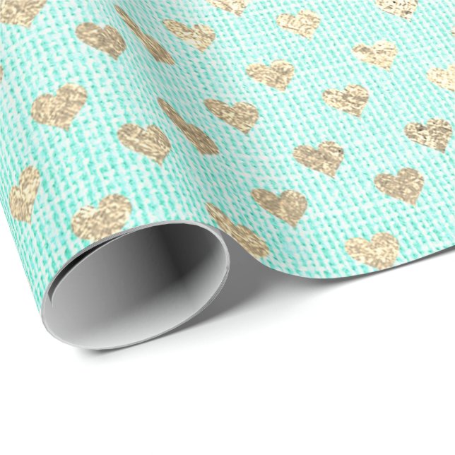 Heart Confetti Metallic Tiffany Aqua Gold Linen Geschenkpapier (Rolleneckpunkt)