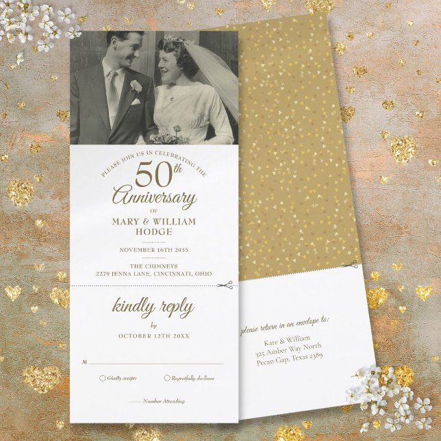 Heart Confetti Wedding Foto UAWG zum 50. Jubiläum Einladung (50th Anniversary Heart Confetti Wedding Photo RSVP Invitation)