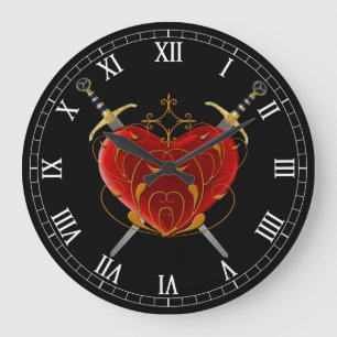 Heart & Daggers Round Roman Numerals Clock Große Wanduhr