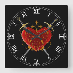 Heart & Daggers Square Roman Numerals Clock Quadratische Wanduhr
