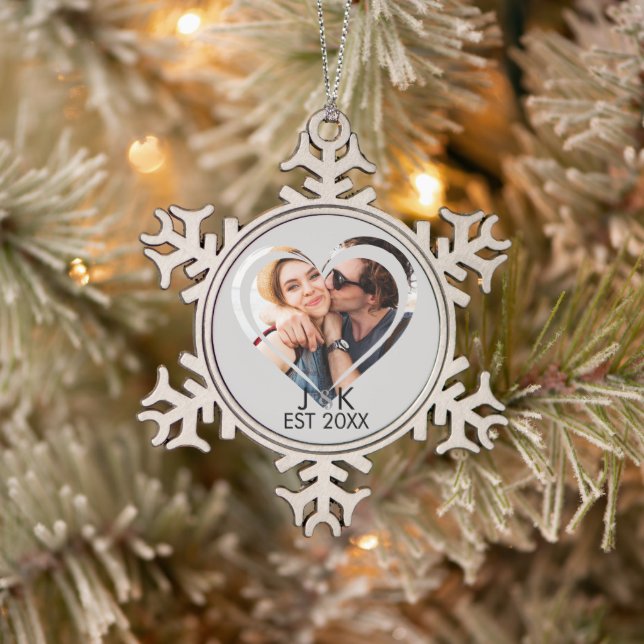 Heart Dating Couple Girlfriend Boyfriend Photo  Schneeflocken Zinn-Ornament (Baum)